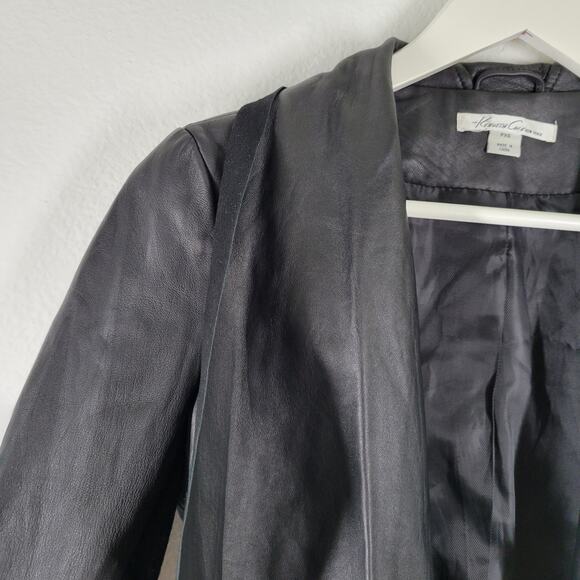 Kenneth Cole Genuine Leather Jacket Blazer Womens XS P Black Waterfall Front - Picture 2 of 14